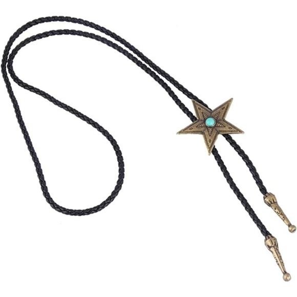 Mens Bolo Tie Cowboy Necklace Leather Necktie Western Cowboy Necklace - Star - Picture 7 of 7